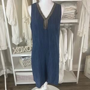 Lina Tomei women's size small chambray Linen Beaded shift dress, party 0866